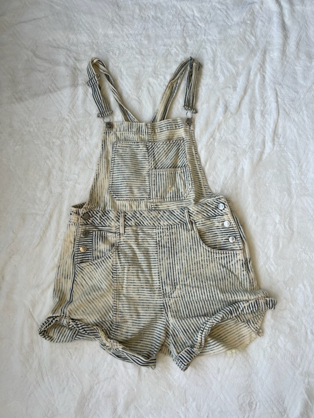 We The Free Striped Denim Short Overalls Cream Blue | Small